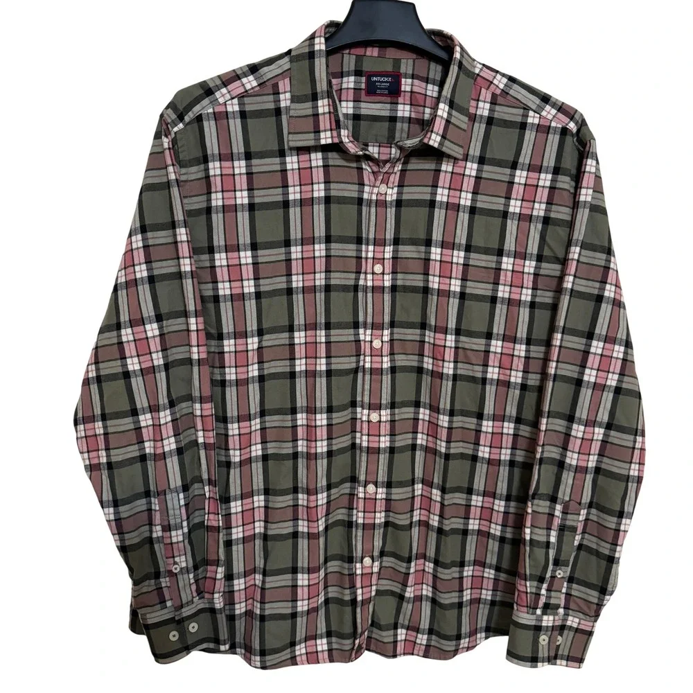 UNTUCKit Button Down Shirt Men's 2XL Long Sleeve Green Pink Plaid Relaxed Fit